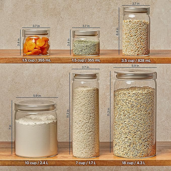 Pyrex 6-Pack Glass Canister Set - Dry Food Storage Containers with Lids for Kitchen and Pantry Organization