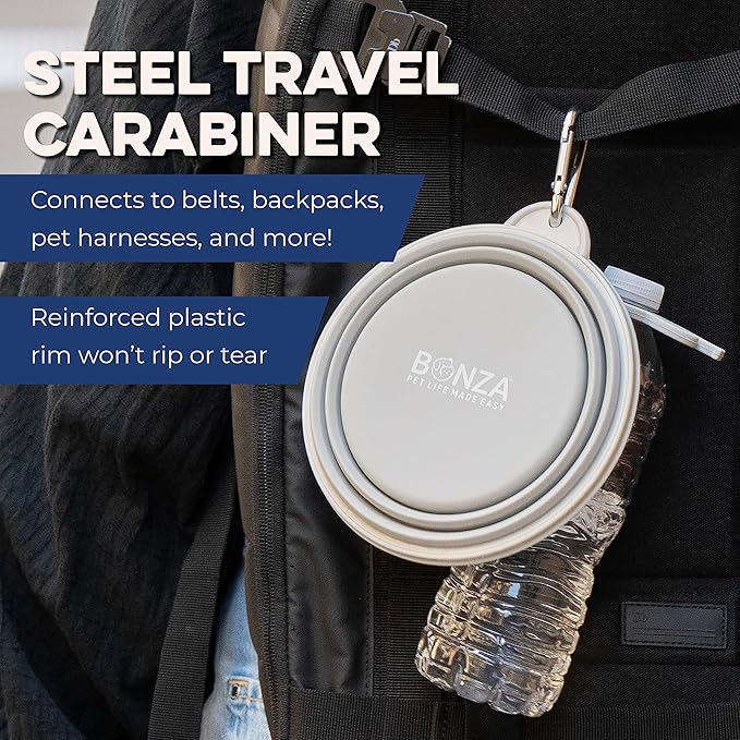Bonza Collapsible Dog Bowls - Large 33 oz, Dog Travel Accessories, Silicone Portable Dogs Bowl & Water Dish with Reinforced Rim & Carabiner for Hiking, Camping, and Car Trips, Black