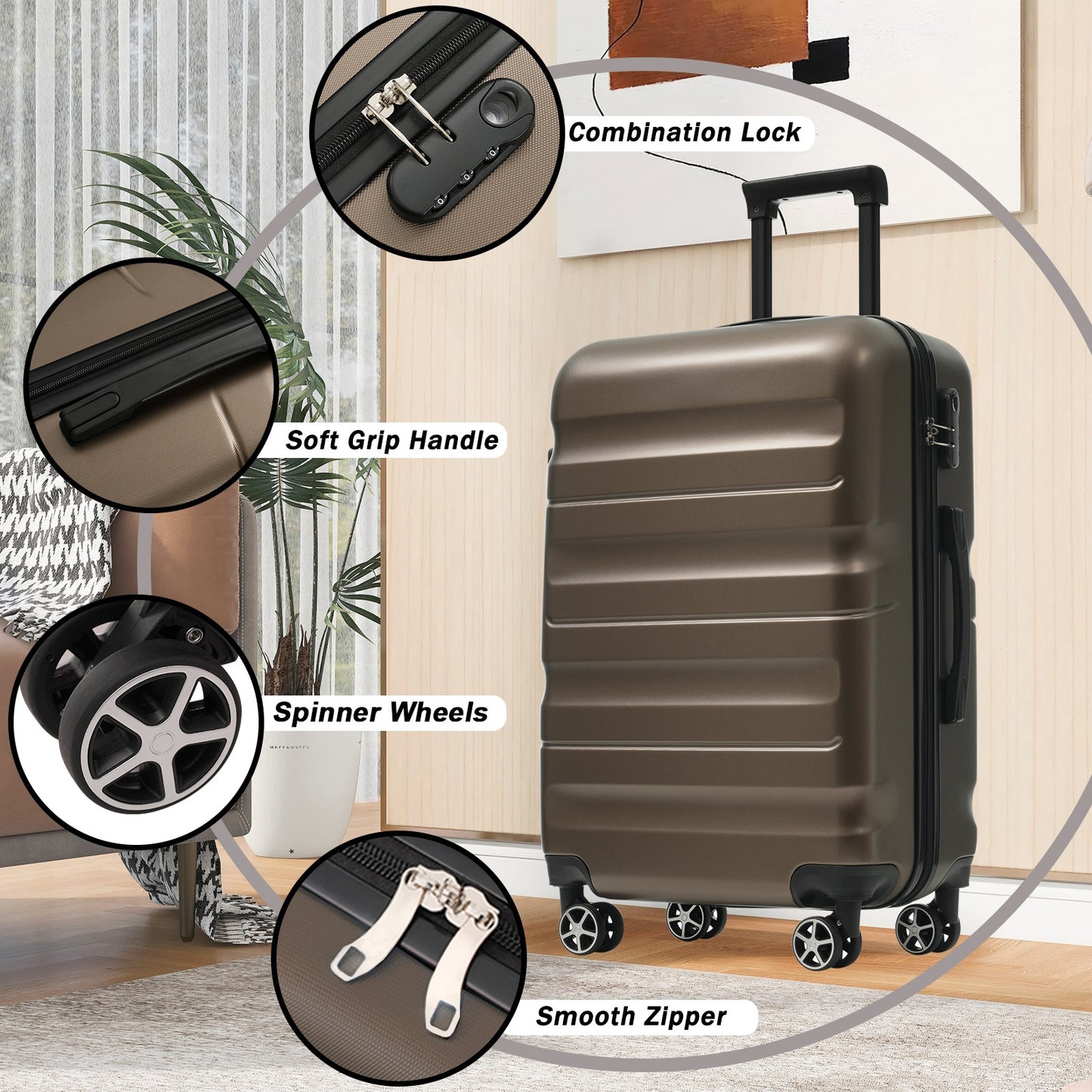 Hardshell ABS Luggage Set, 24-Inch Checked Suitcase With Spinner Wheels, Lightweight Travel Luggage With 2 Packing Cubes For Men Women - Image 5